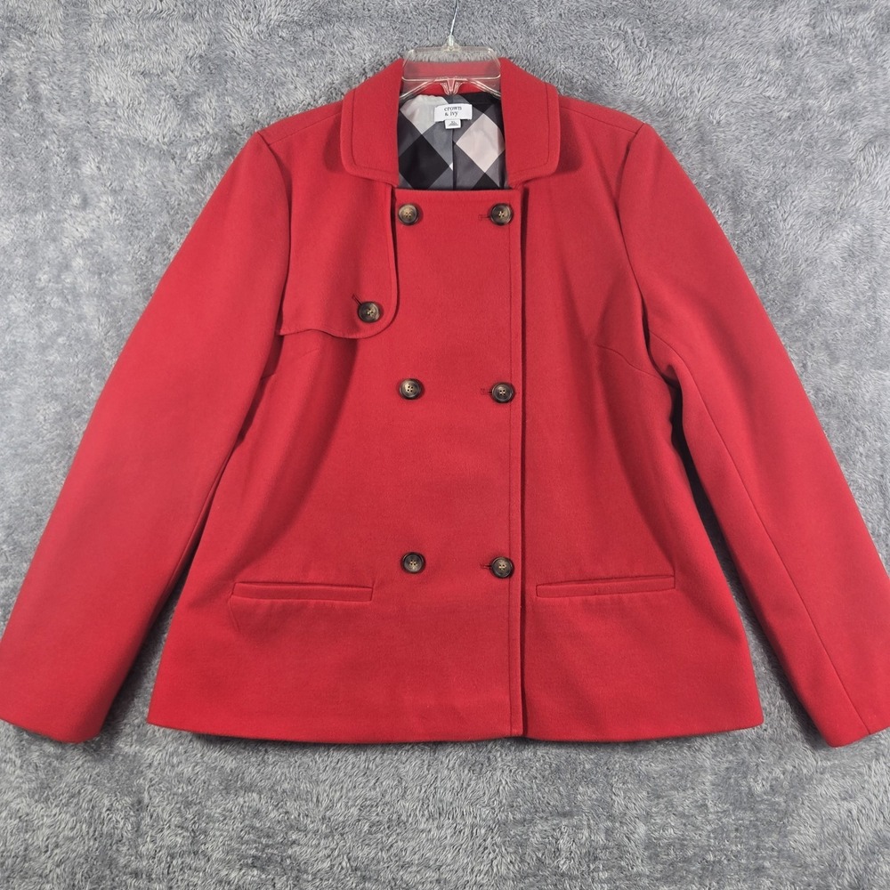 Crown & Ivy Womens Red Double Breasted Peacoat Plaid Lined Jacket XL RN31104